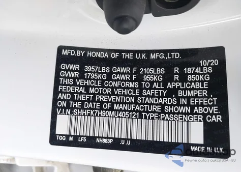 2021 Honda Civic Sport Touring z USA, uszkodzony, nr VIN SHHFK7H90MU405121